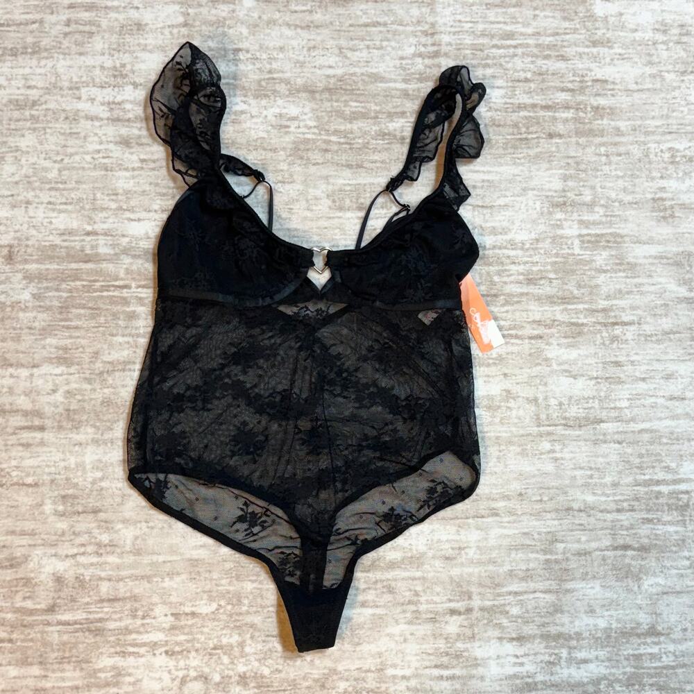 Colsie Women’s Small Black Lace Ruffle Body Suit Intimates See through Teddy New